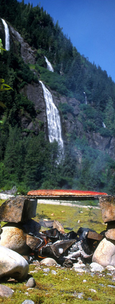 Sockeye Salmon cooked over an open fire by the Exchamsiks River